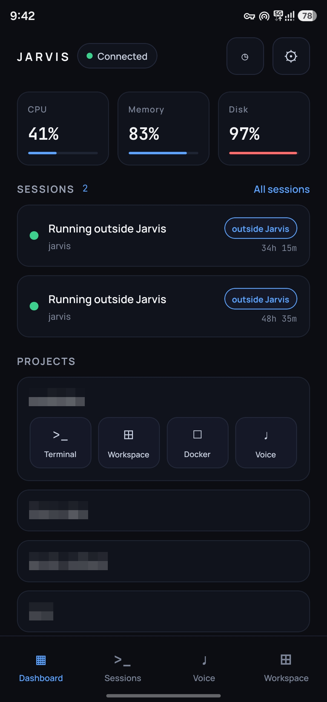 The phone app's Dashboard: CPU, memory and disk, running sessions, and per-project shortcuts.