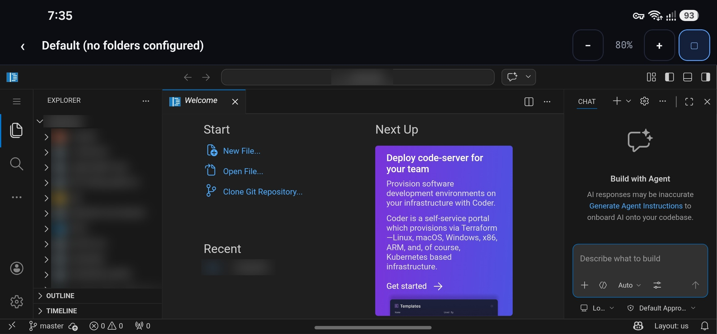 The Editor sidecar on the phone in landscape: code-server's desktop layout, zoomable.