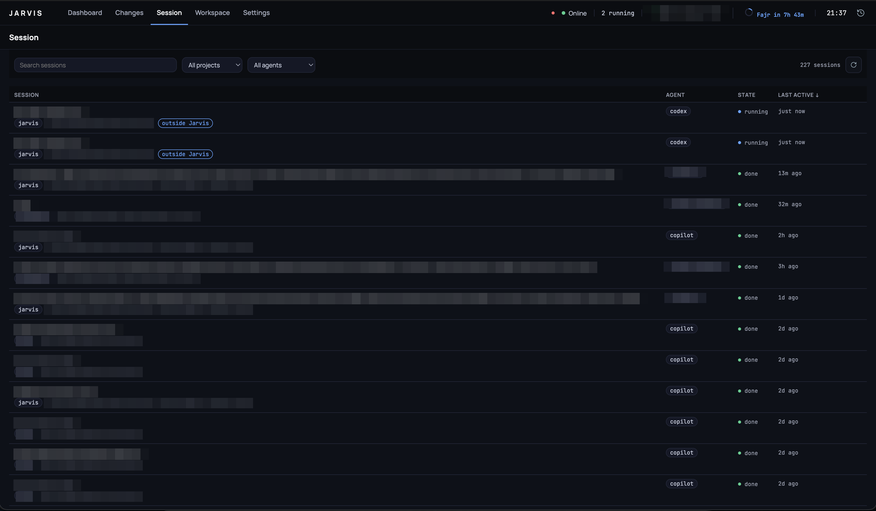 The Session route: a searchable table of every session across every project, with its agent, its state and when it was last active.