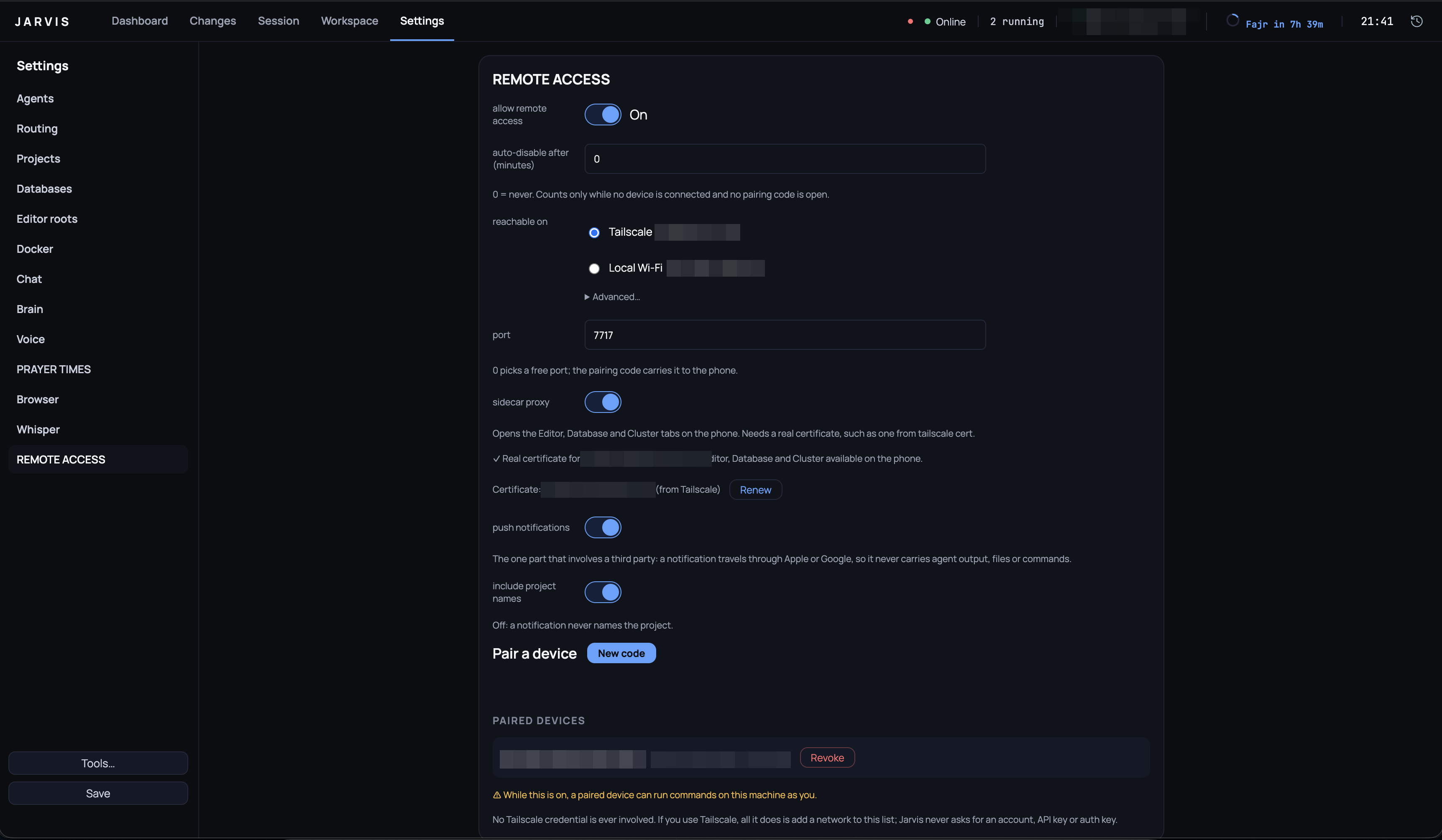 Settings → Remote access: the bridge switch, Tailscale or Local Wi-Fi bind picker, sidecar proxy with an issued certificate, push toggles and the paired-devices list. Addresses, the tailnet name and the device name are blurred.