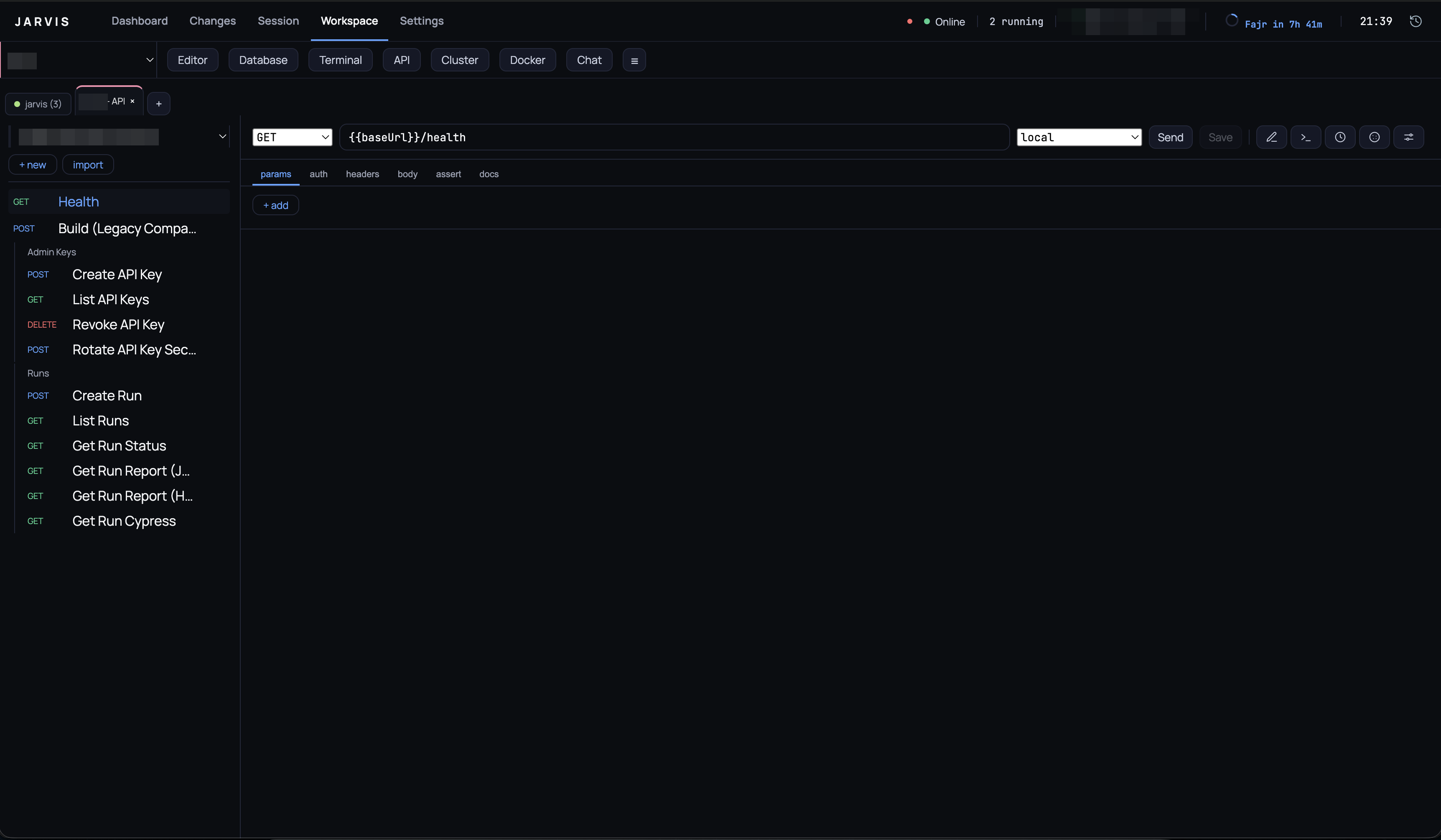 The API tab: a request builder over the project's Bruno collections — folders of requests on the left, the request under edit on the right. Collection names are blurred.
