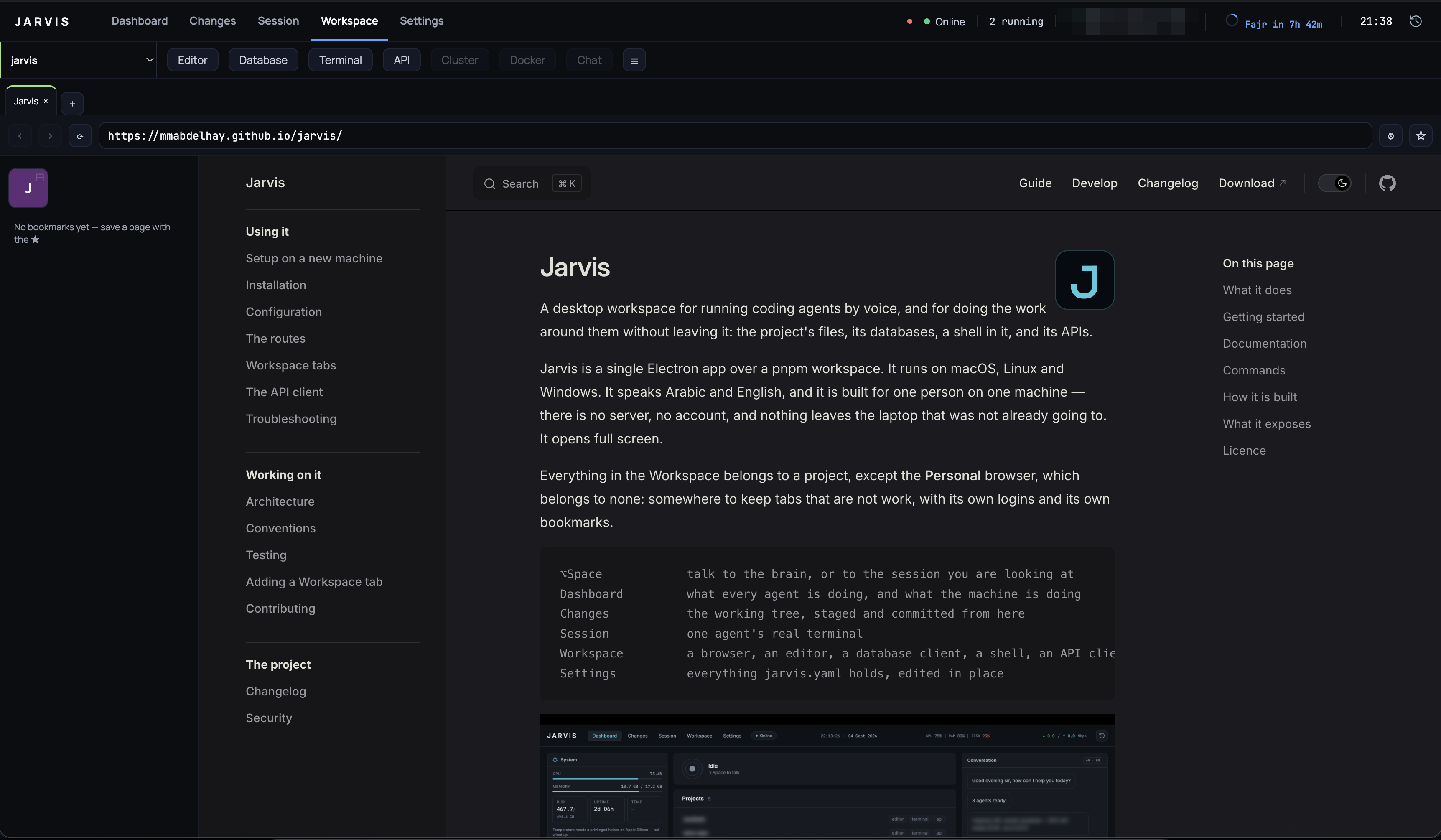 The Workspace browser: a project's tab strip, address bar and bookmarks sidebar around an ordinary web page.