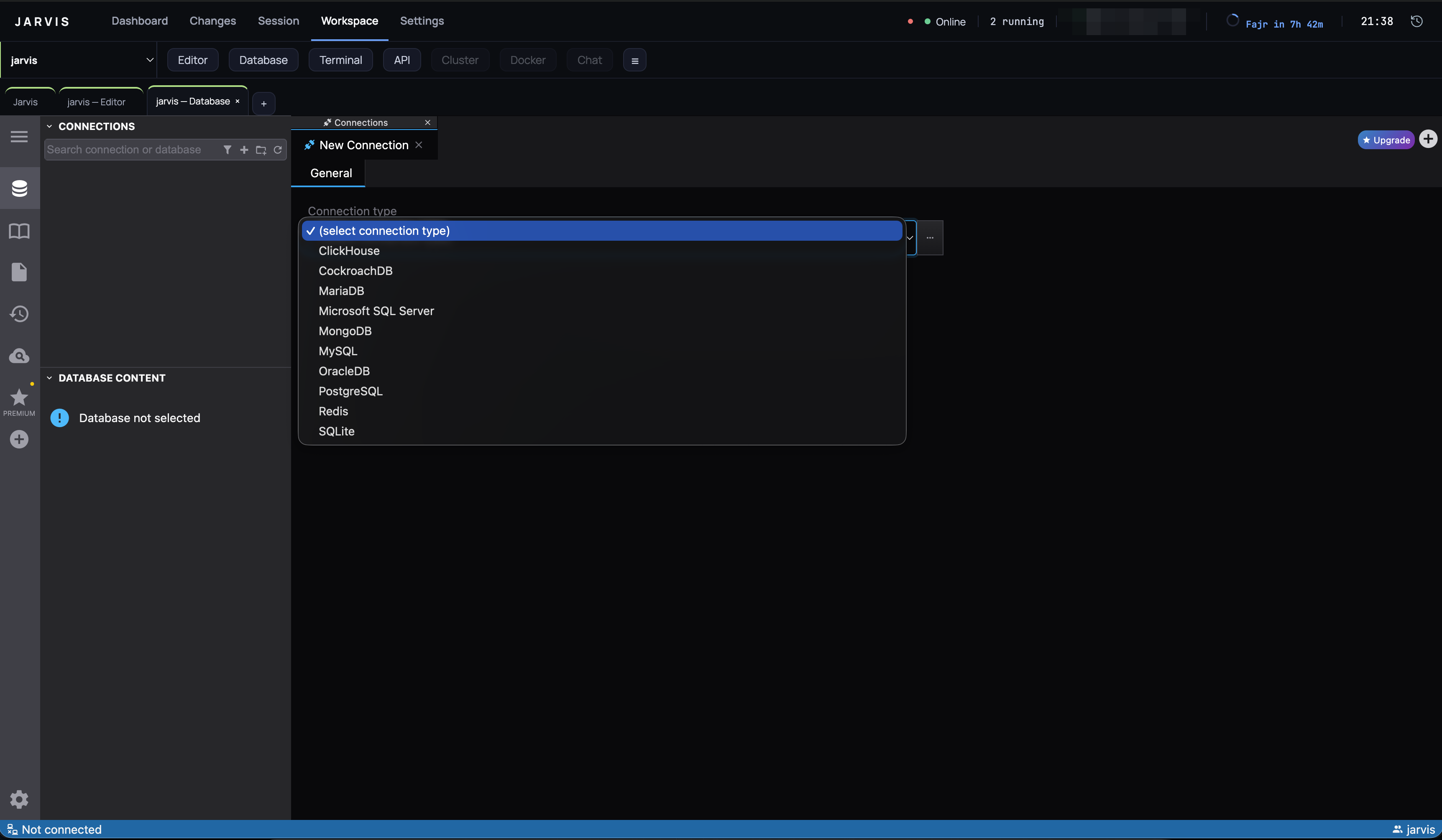 The Database tab: DbGate running inside Jarvis, choosing a connection type for a new connection.