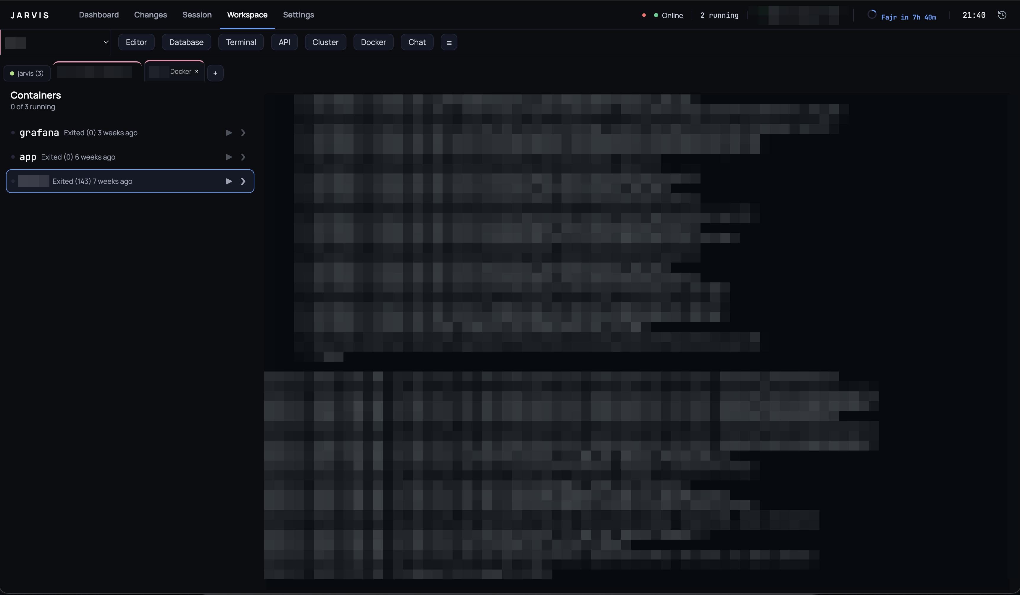 The Docker tab: the project's containers on the left, the selected container's logs on the right. Container names and log contents are blurred.