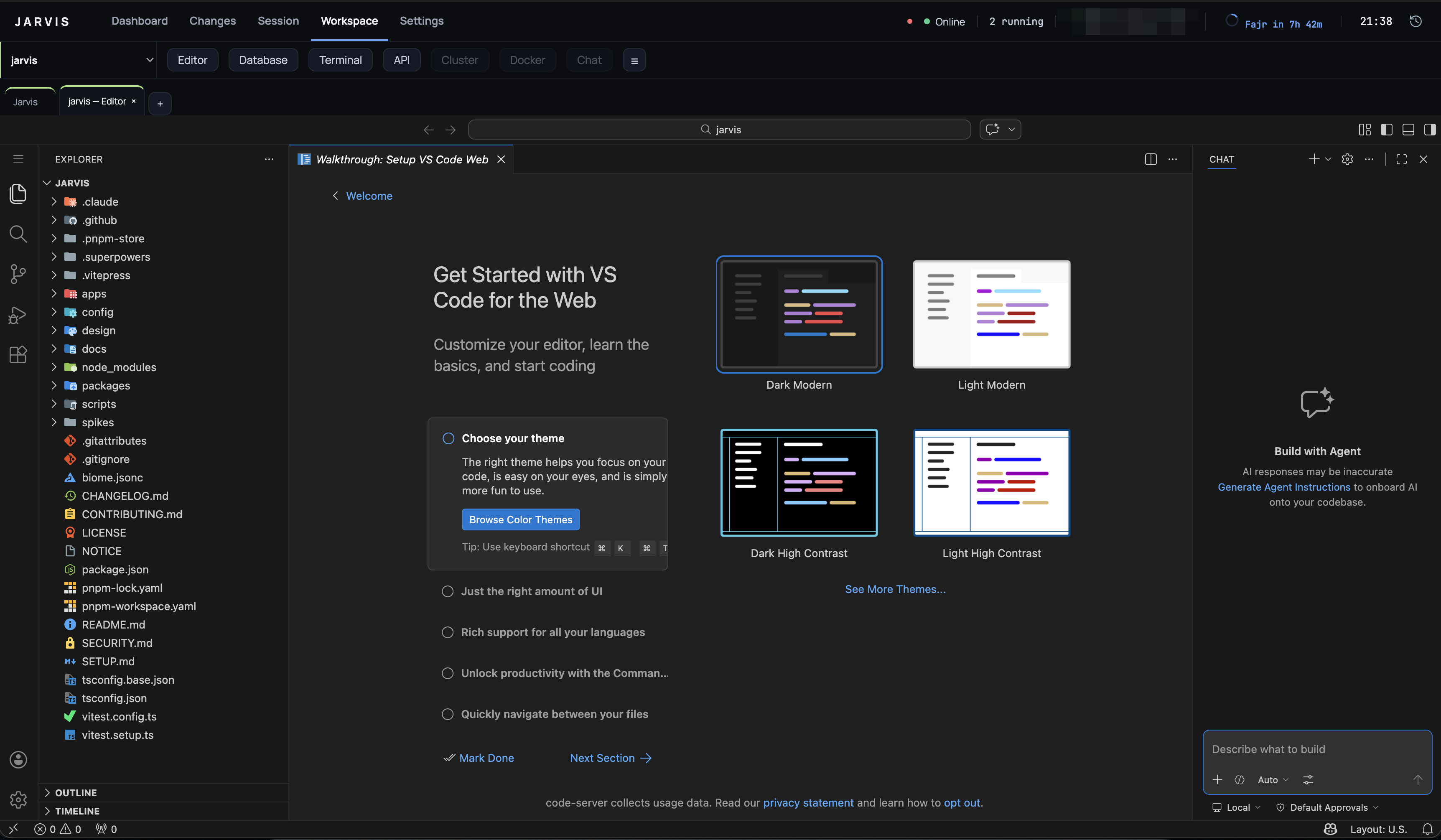 The Workspace with the Editor tab open: code-server running inside Jarvis, showing the project's file tree and a TypeScript source file.